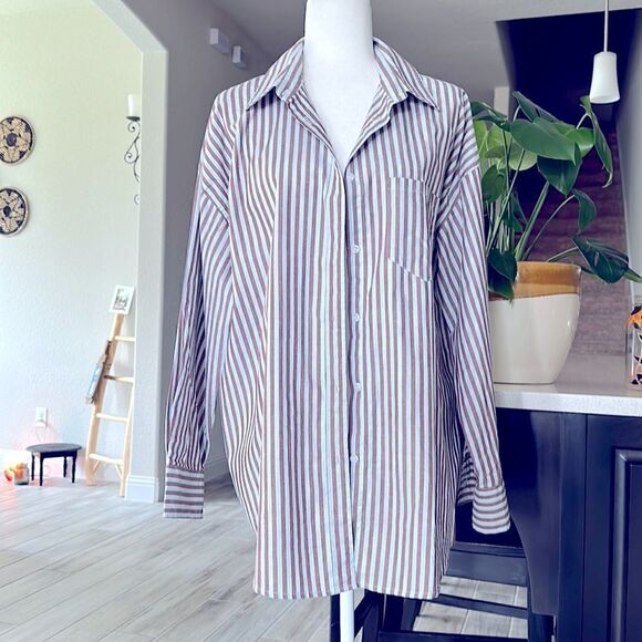 NWOT Cotton On Striped Oversized Blue Purplish Collared Button Down Long Sleeves - Picture 1 of 11